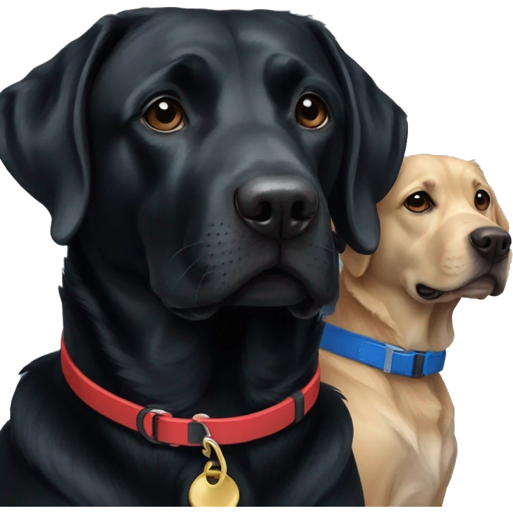 Only 2 dogs, both black labradors. The one on the left should be a bit bigger. The dog on the left should have a red collar and the dog on the right should have a blue collar. emoji