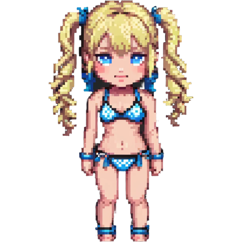 Blonde girl with pigtails, blue eyes, wearing a bikini, cute pixelated character emoji