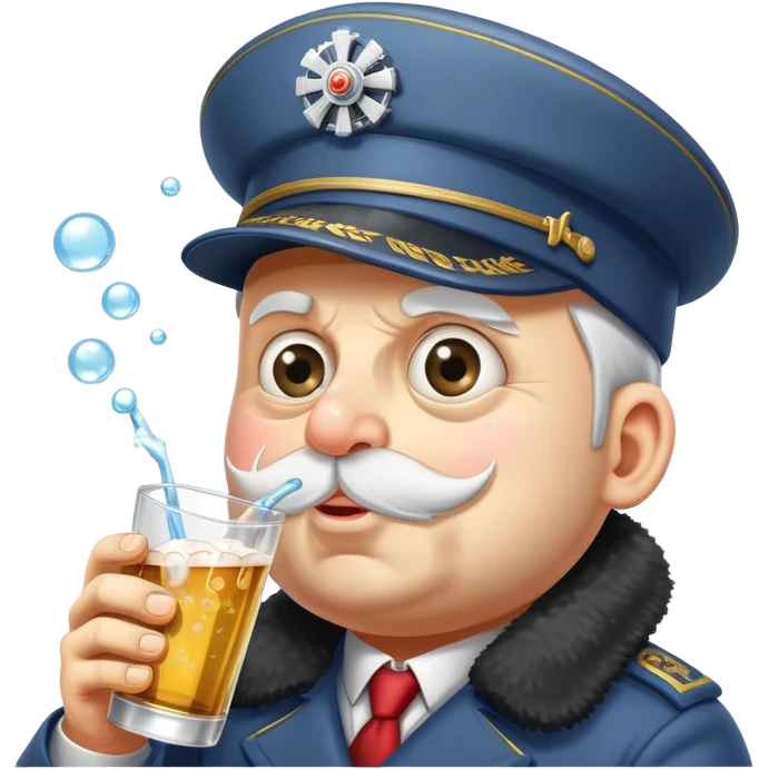 A very drunk locomotive train wearing a tilted ushanka hat, with crossed eyes, hiccuping vodka bubbles, spilling drink emoji