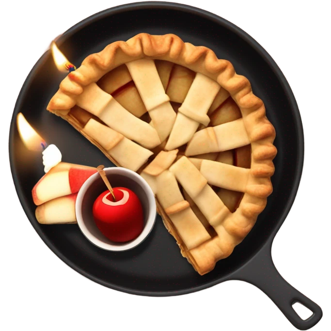 Slice of apple pie in a black pan on a checkered tablecloth with a birthday candle next to a martini emoji