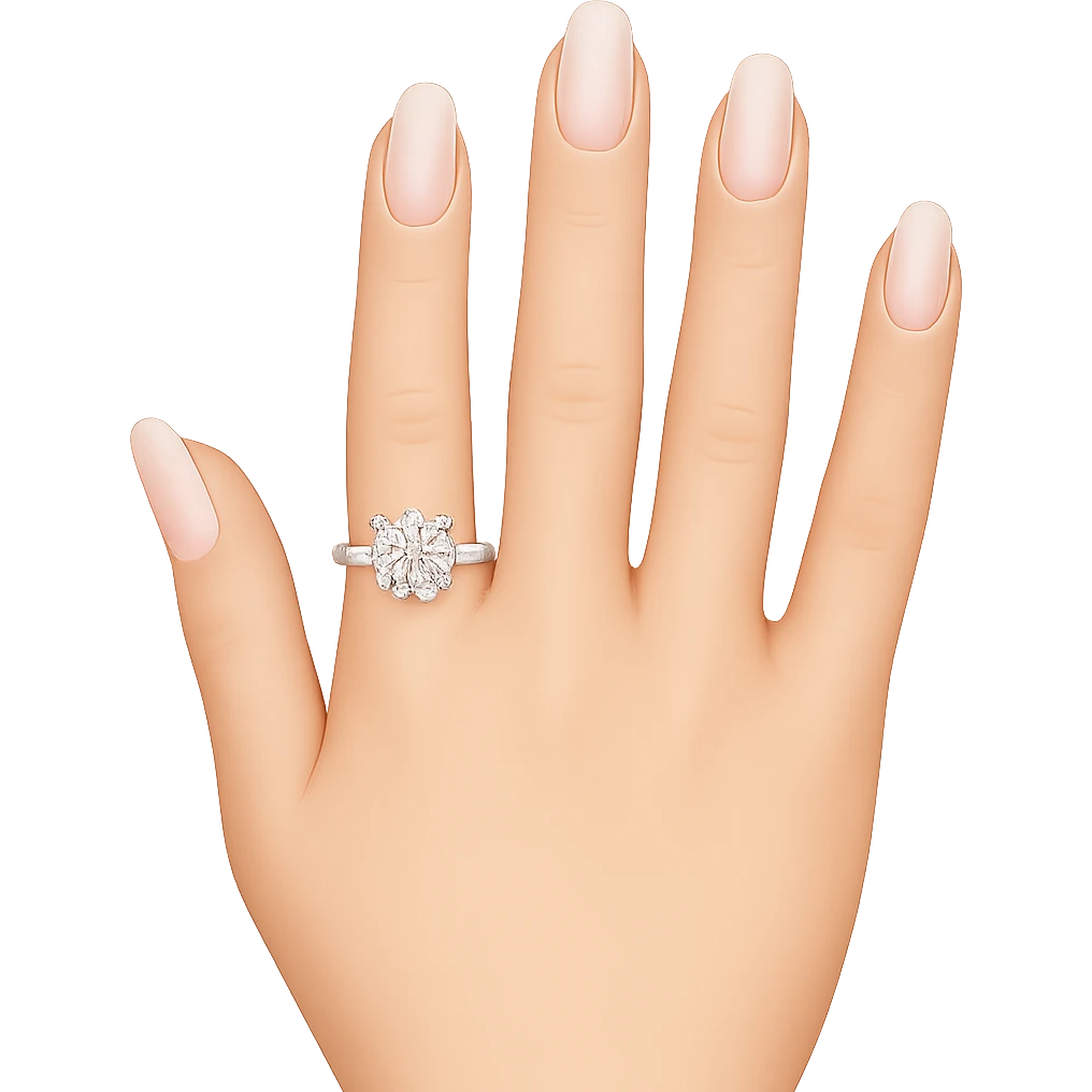 Edit the image to depict a woman's hand with 5 fingers, long light pink nails, and an engagement ring, in an emoji style with a transparent background. emoji