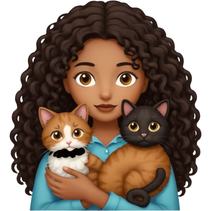 Brown skinned girl with long curly black hair holding brown cat  emoji