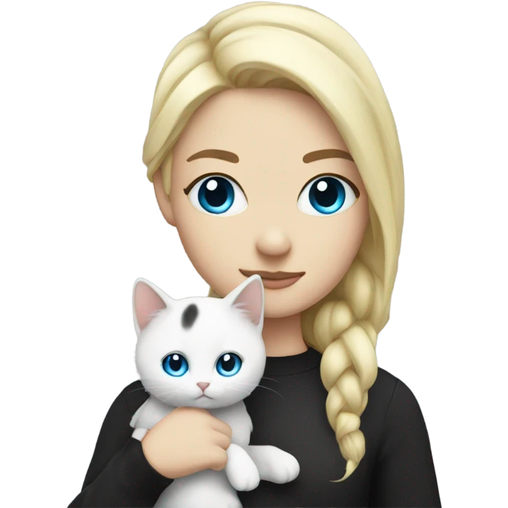 white with blonde hair and blue eyes holding black and white kitty emoji