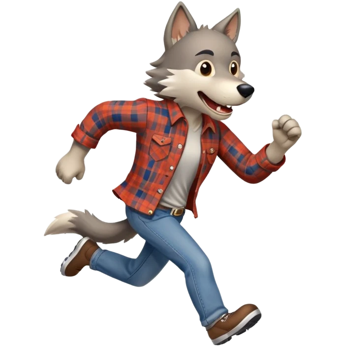 friendly anthropomorphised wolf in a plaid shirt and jeans running emoji