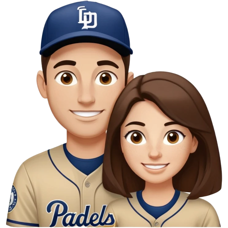 *White* couple smiling. Woman has big cheeks and a lot of freckles on the nose. long brown hair. Man has black and very short hair and prominent eyebrows with egipcian nose. Both are wearing “Los Padres” baseball jerseys and with a sign that says “Go Padres!” emoji