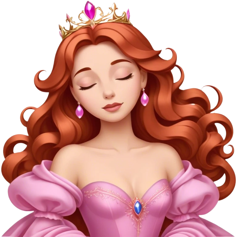 Cinematic Majestic Sleeping Beauty Portrait Emoji, rendered in a clean, vector-style with bold, simplified shapes. Show Aurora with a serene, noble expression, luminous porcelain skin, and elegantly flowing auburn hair, dressed in an opulent pink ball gown. The design radiates a majestic, enchanted glow with high shine and a soft glowing outline, embodying classic royal elegance. emoji