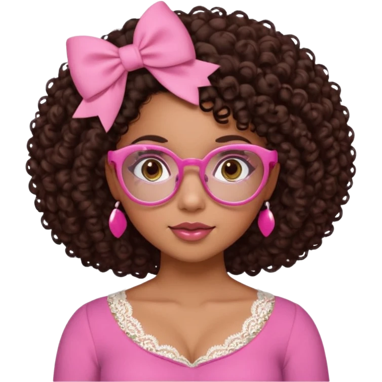 medium skinned afro-latina girl with medium length chocolate brown side part curly hair, brown eyes, pink sweetheart necklined top with lace, round wide-ish nose, chubby long shaped face, pink bow, brown glasses emoji