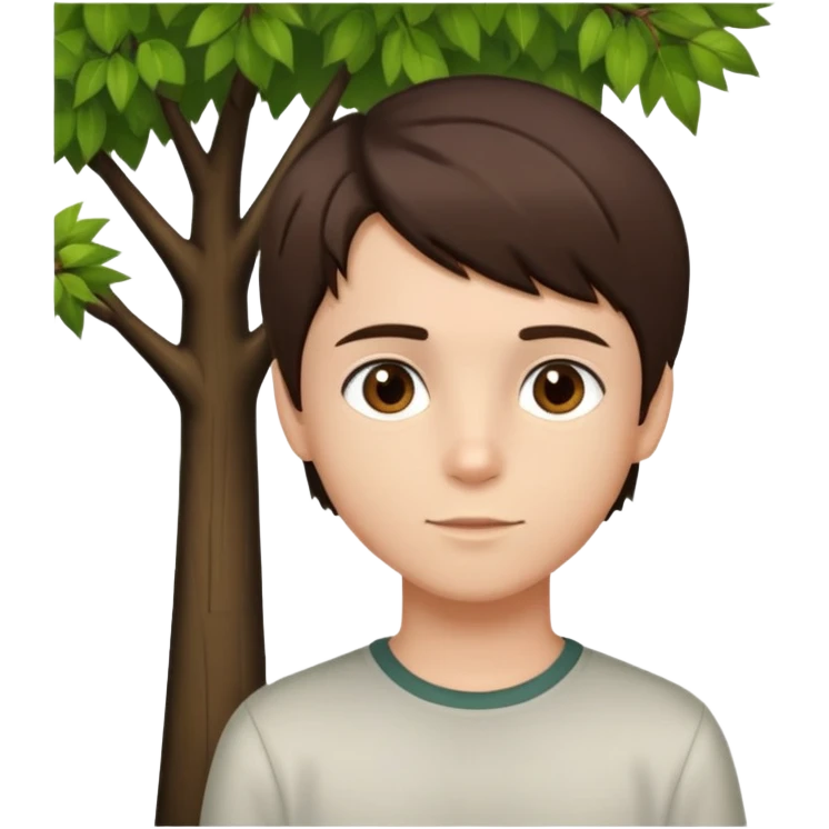 boy with straight short brunette hair brown eyes and tree behind emoji