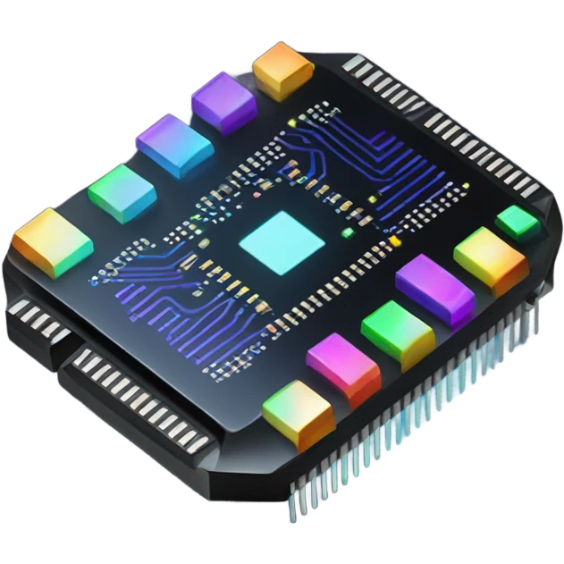 black micro chip with glowing RGB led light, isometric emoji