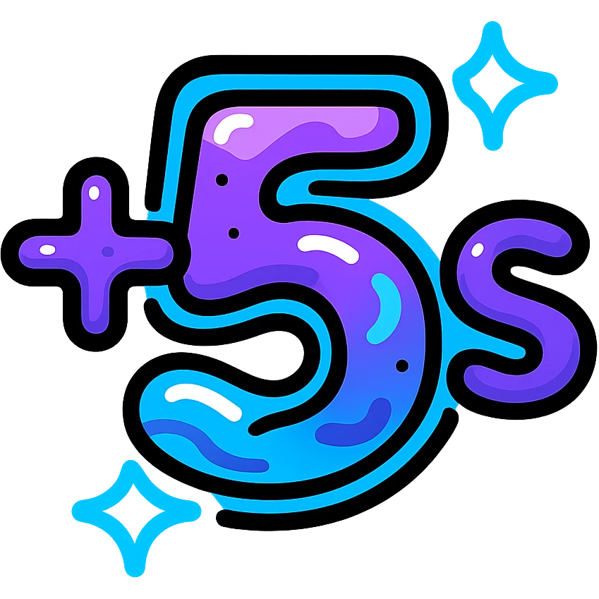 símbolo '+5s' con efecto de metal líquido cósmico en morado y azul, 's' en subíndice, borde de neón azul eléctrico, efecto animado de brillo y movimiento líquido emoji