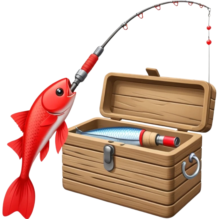 A fishing rod with reel and line neatly coiled beside a bait box.

 emoji