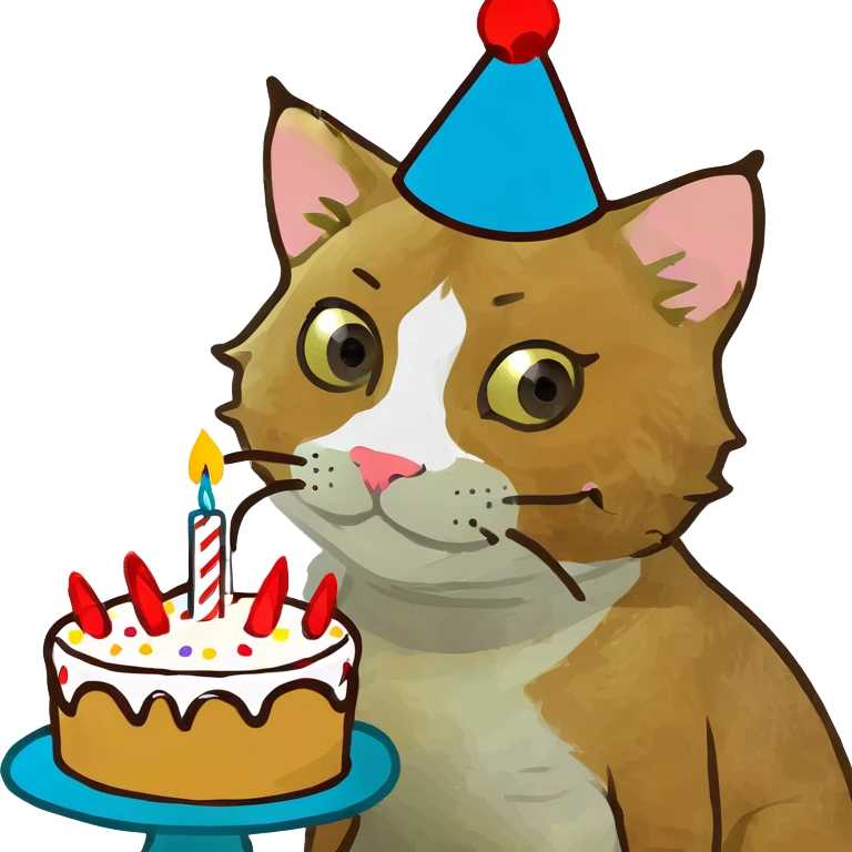 ginger tabby kitten with birthday hat and cake, surrounded by balloons and presents, joyful mood emoji