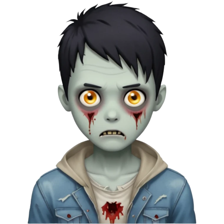 Faça um menino zombie, com cabelos preto igual de anime, com olhos cinza emoji