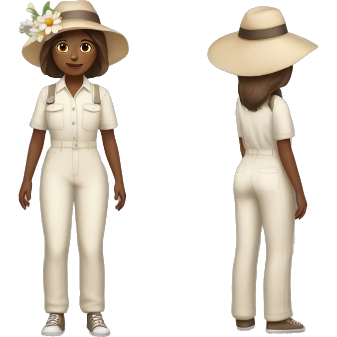 WHITE SKIN! Girl with a flower in her hand, with a hat, shoulder-length brown straight hair, wearing a pastel jumpsuit with white shirt in it emoji