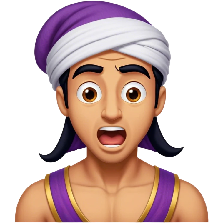 Cinematic Realistic Aladdin Portrait, head tilted slightly with a dramatic, wide-open yawn, revealing a relaxed, yet still vigilant expression. The lifelike textures of his skin and carefully rendered fabric of his attire combine with warm, ambient lighting to capture a moment of endearing, laid-back heroism. emoji