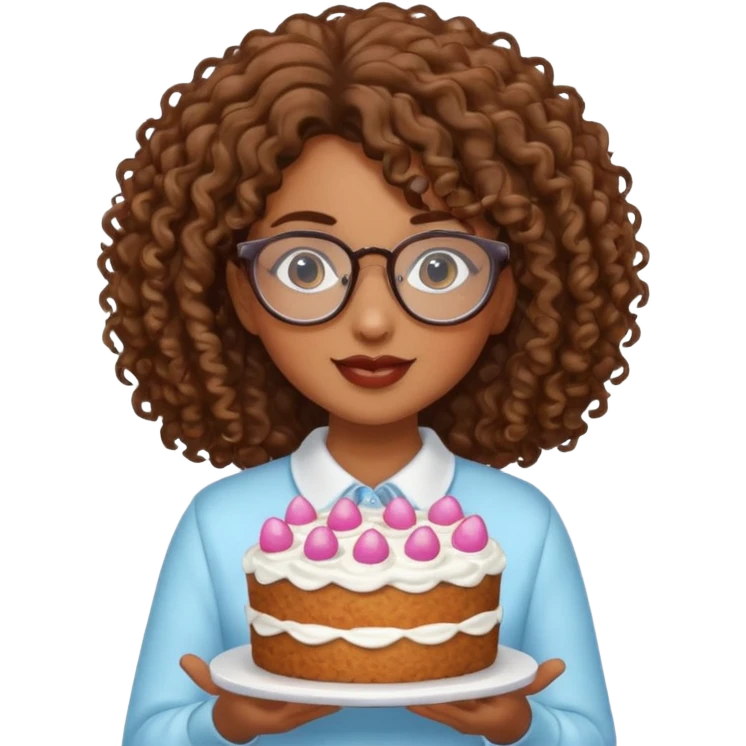 Brown Curly haired girl wearing glasses with a cake emoji