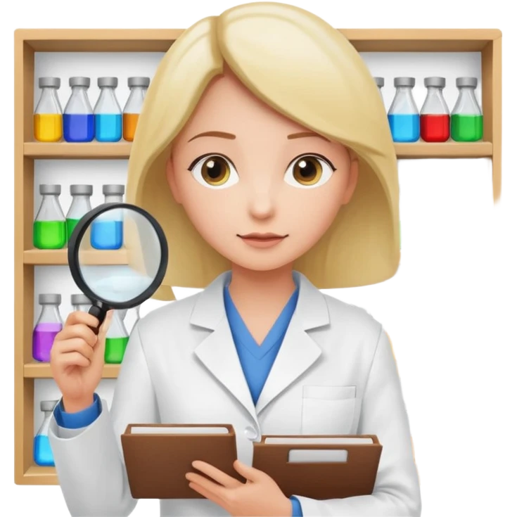 white empty shelf in perspective view with a standing woman nearby, she is looking at the shelfs with a magnifying glass, she is turned to the shelfs emoji