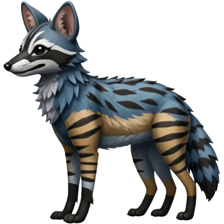 Realistic edgy bluish greyish blackish whitish silvery coppery Shiny Colorful Dusky Dark Gloomy Glossy Aardwolf-Maned-Wolf-Genet-Bobcat-fusion-animal-hybrid-creature, full body emoji