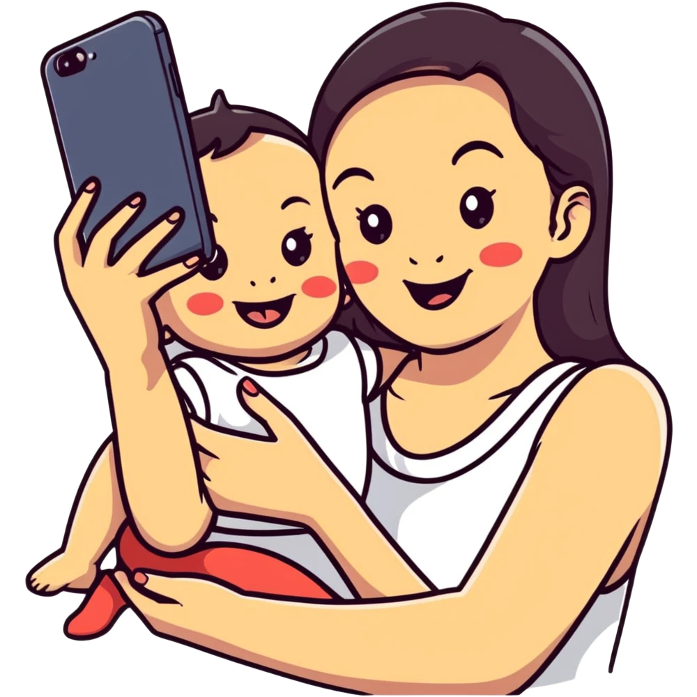 mom and baby making funny faces taking selfie together emoji