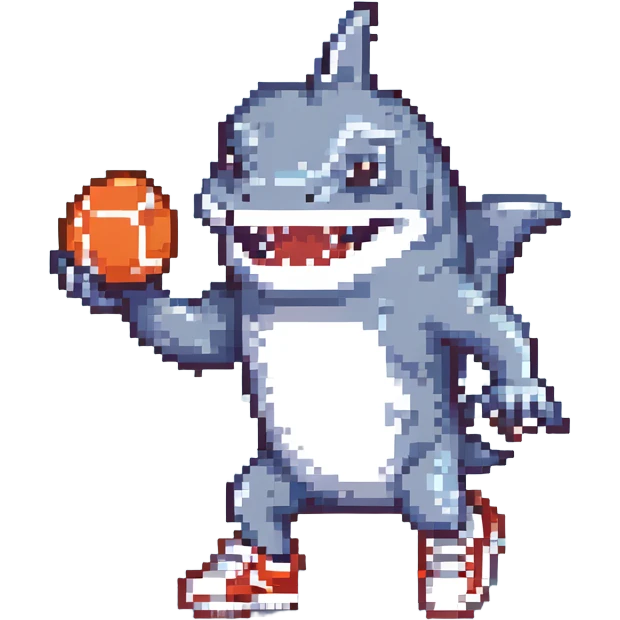 pixel art of a smiling shark wearing tennis shoes emoji