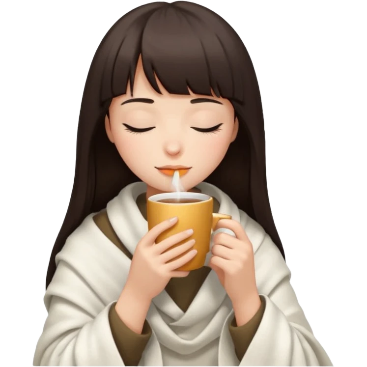 Dark brown hair with straight bang girl inside a white blanket sipping coffee eyes closed emoji