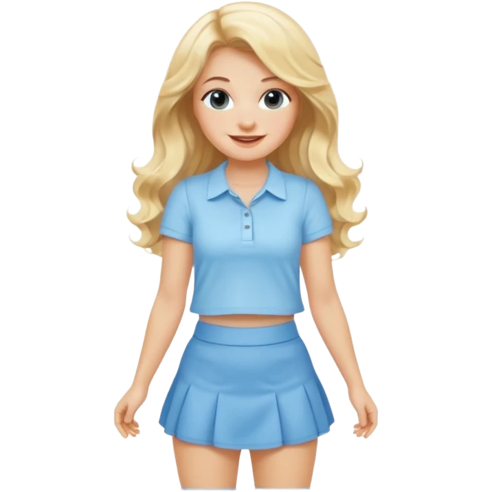 cheerful blonde woman with long wavy hair wearing baby blue mini skirt and shirt emoji