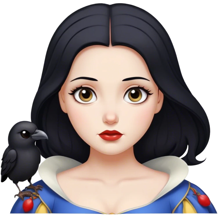Cinematic Serene Snow White Portrait Emoji, rendered in a simplified vector style. Depict a gentle Snow White (chest and above) with flawless porcelain skin and flowing raven hair, her kind eyes and calm expression exuding a quiet, enchanting charm. The image glows softly with an inviting, pure light and is outlined with a subtle glow. emoji