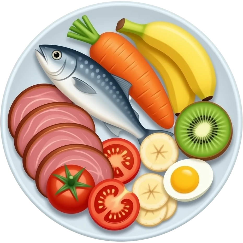 plate with meat fish carrot banana kiwi tomato eggs emoji
