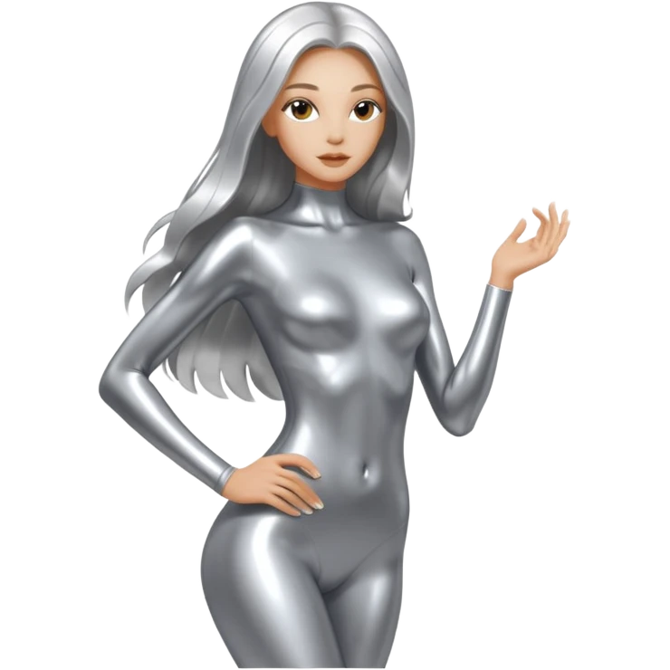 abstract sensual skinny body silhouette, liquid silver chrome, smooth curves,chrome silver long hair, chrome metallic color face and body, sensual poses emoji