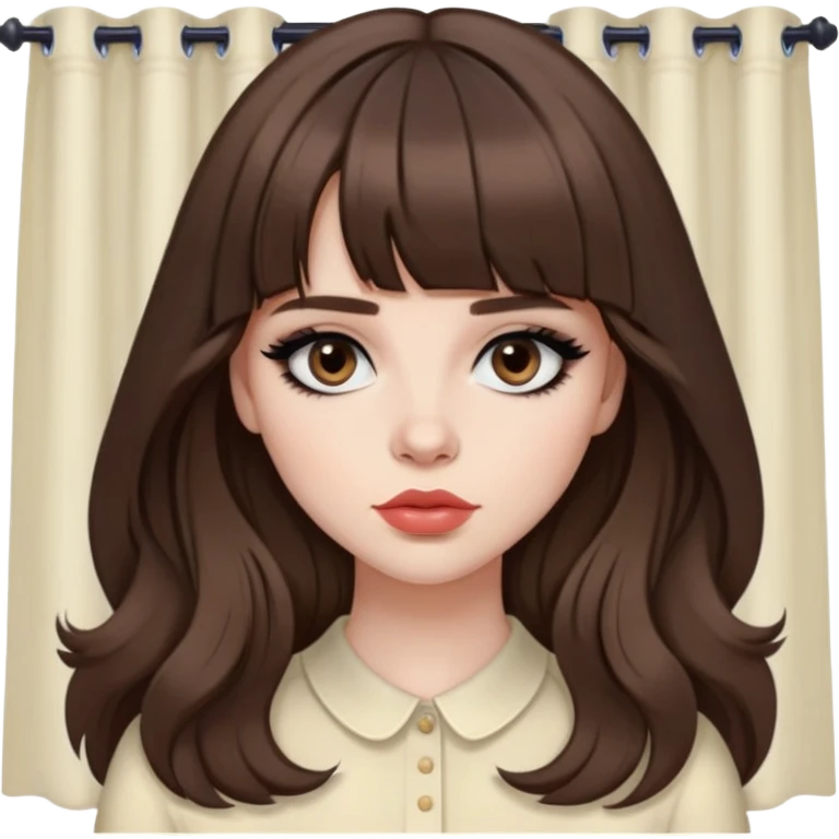 pretty baddie, brown hair, curtain bangs, cute lips, pale skin, long hair, dark brown eyes, bold black eyeliner emoji