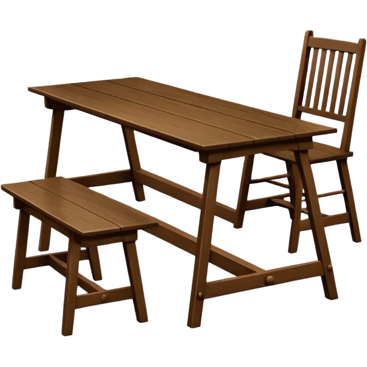 A glass topped rectangular trestle table with a high-backed chair on each short side and a bench on each long sided  emoji