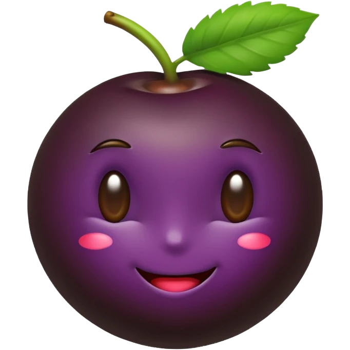 modern emoji icon of açaí berry, deep purple glossy berry, lower half smoothly coated in dark chocolate, small green leaf on top, cute playful clean style emoji