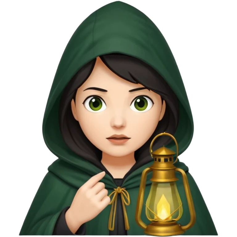 traitor tv show, dark haired woman wearing dark green cloak with hood up who looks very evil, is holding up a lantern, and is tilting her head down emoji