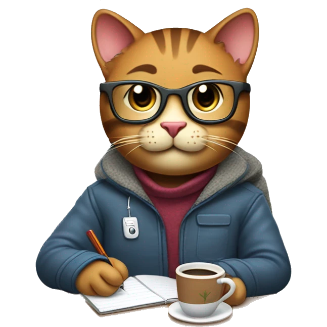 "Create an emoji of a happy brown cat with computer glasses, typing on a computer and taking notes. The cat is sitting on an ergonomic chair with a coffee mug and a potted plant, wearing a winter jacket because the office AC is cold." emoji