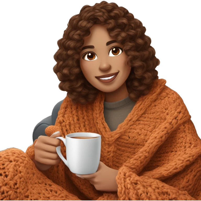 26 year old wonan with brown soft wavy hair and curtain bangs. She is crocheting a garment.  She is sitting on the sofa with a crochet blanket that is in the color of cinnamon on herself. Near her there is a cup of tea. It’s Christmas time emoji