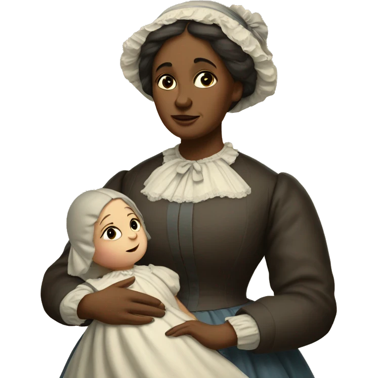 A 19th century woman with a child in her arms. There is a big letter "A" on the dress emoji