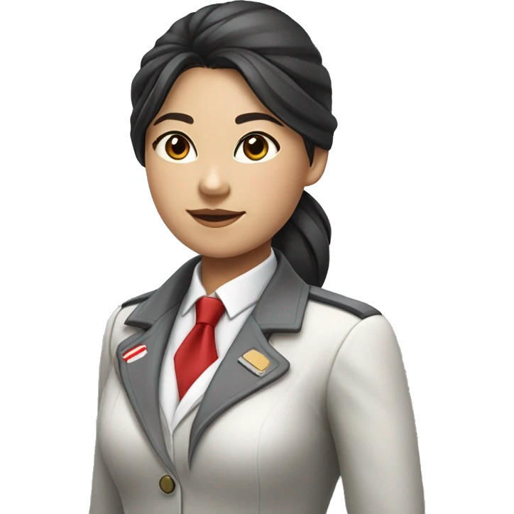 Flight attendant girl, Asian, black gathered hair. A white shirt and a light grey jacket. A grey scarf with white and red stripes is around his neck. emoji