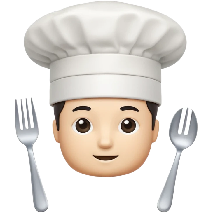 rounded square mobile app logo design, 3d icon of a chef's hat and a fork combined, subtle gradient, minimal soft blue background, flat design, clean, professional food service icon emoji