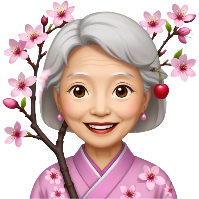 elderly asian woman with cherry blossom emoji