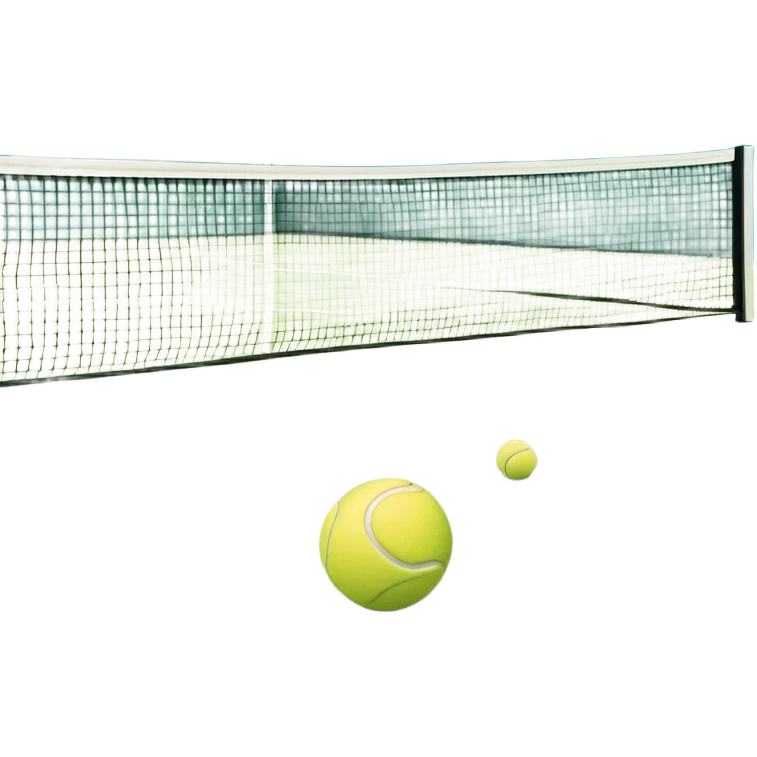A tennis court with perfectly marked lines and a tennis ball resting near the baseline. The scene highlights the open space of the court, with a net dividing the two sides, capturing the focus and athleticism of the sport. emoji