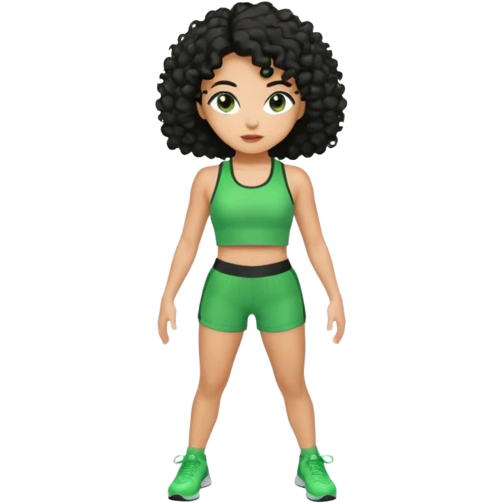 woman with olive skin and curly black hair wearing a green workout outfit (shorts) and standing in a disco pose emoji