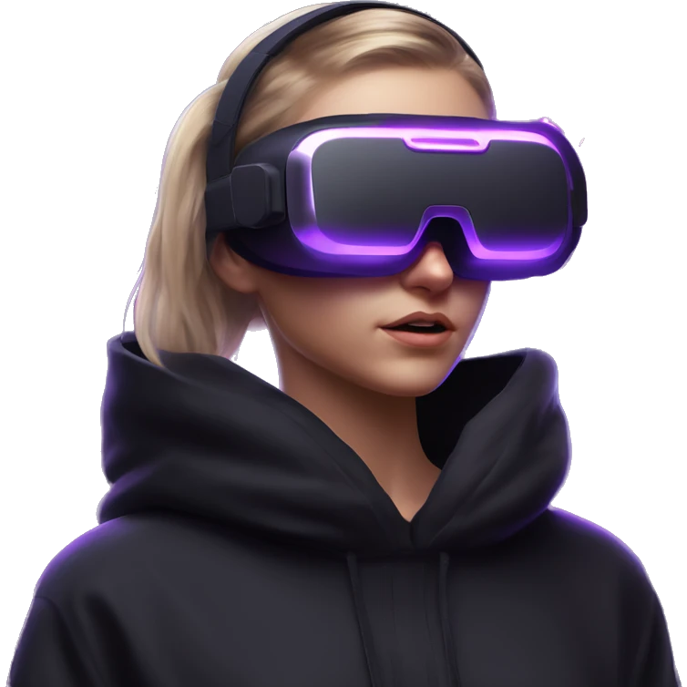 Russian girl wearing black hoody with violet letters "OMG", in vr headset oculus quest2. Standing like jedi. Cyberpunk style. Violet neon. emoji