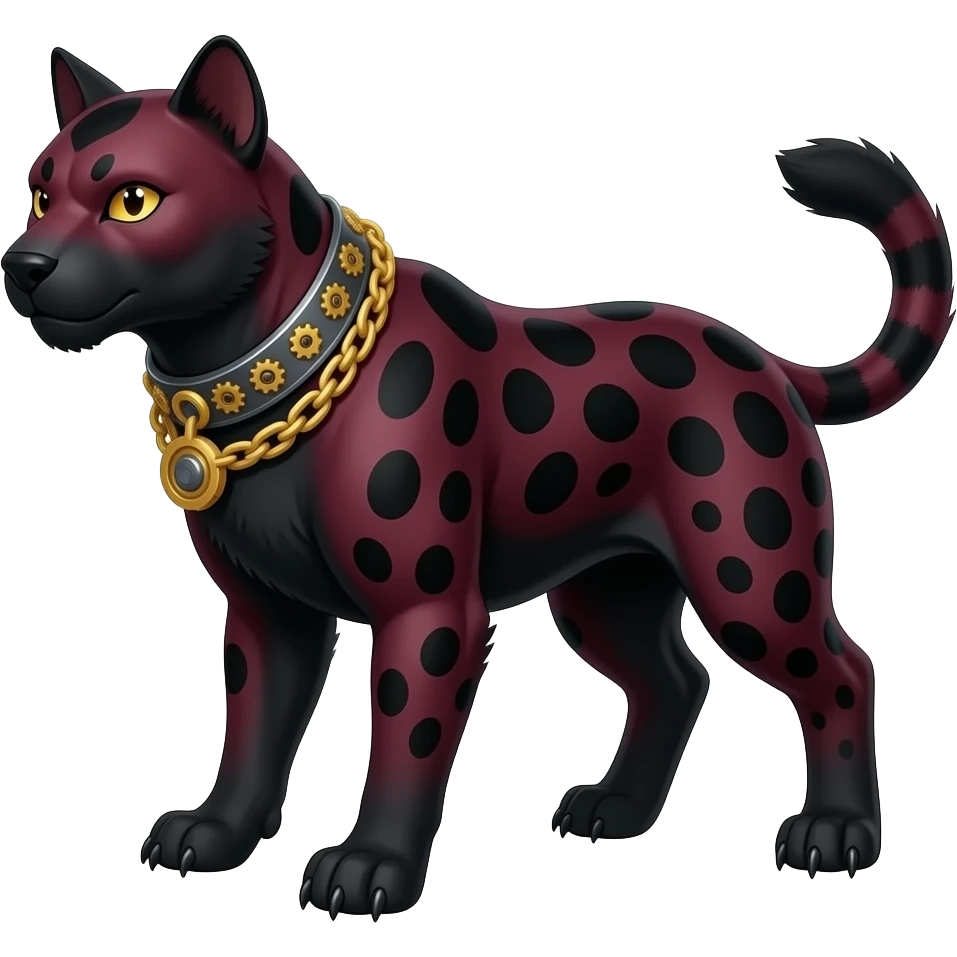 Mature quadrupedal Epic majestic complex  glorious futuristic detailed dark dusky gloomy deep gothic sanguine-blood-maroon-black-white, realistic Fakémon-Sprigatito-Houndoom-Luxray-Leopard-Persian-Trico-Sergal-Serval-Vernid-creature (full body) with metal gears and metal collar with gold chains emoji