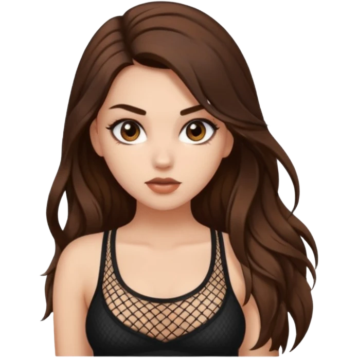 a pretty bratz fair girl with brown long hair styled well, looking like a baddie in a fishnet top and dark brown hair emoji