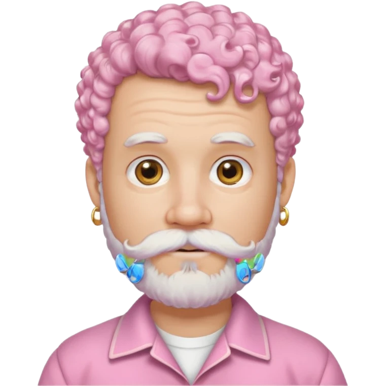 very white bearded and white mustached, pink short curly haired, wearing ear accessories emoji