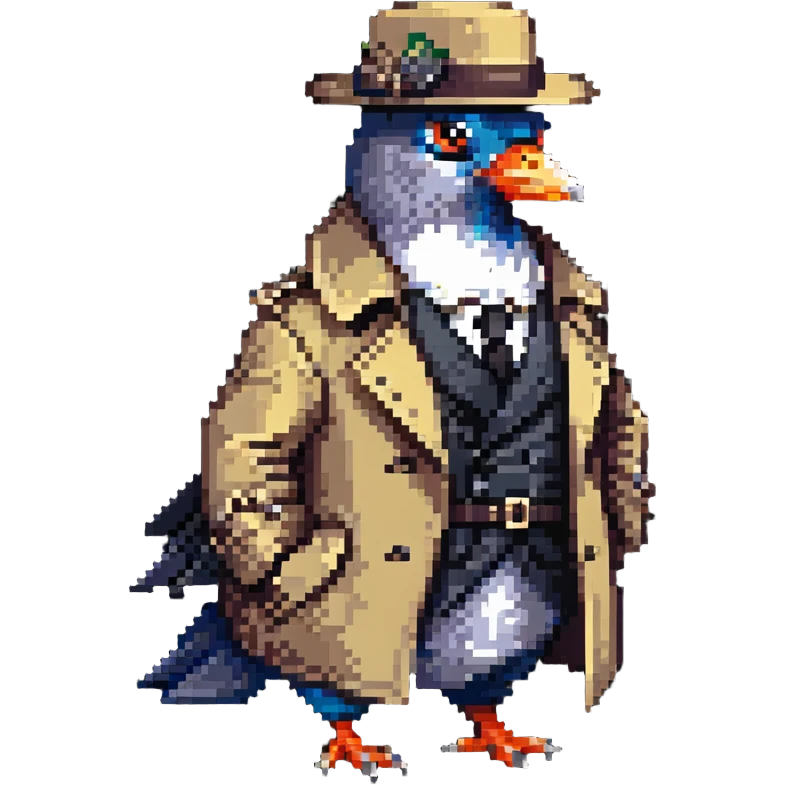 spy pigeon wearing a trench coat and hat emoji