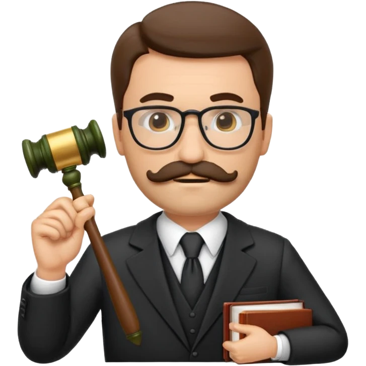 “Create a clean, modern emoji-style illustration of a male lawyer. He is wearing a formal suit jacket. He is holding a judge’s gavel (QUE SE VE DE COSTADO) in one hand and has a law book tucked under his arm. He has a mustache and beard!!, and GLASSES emoji