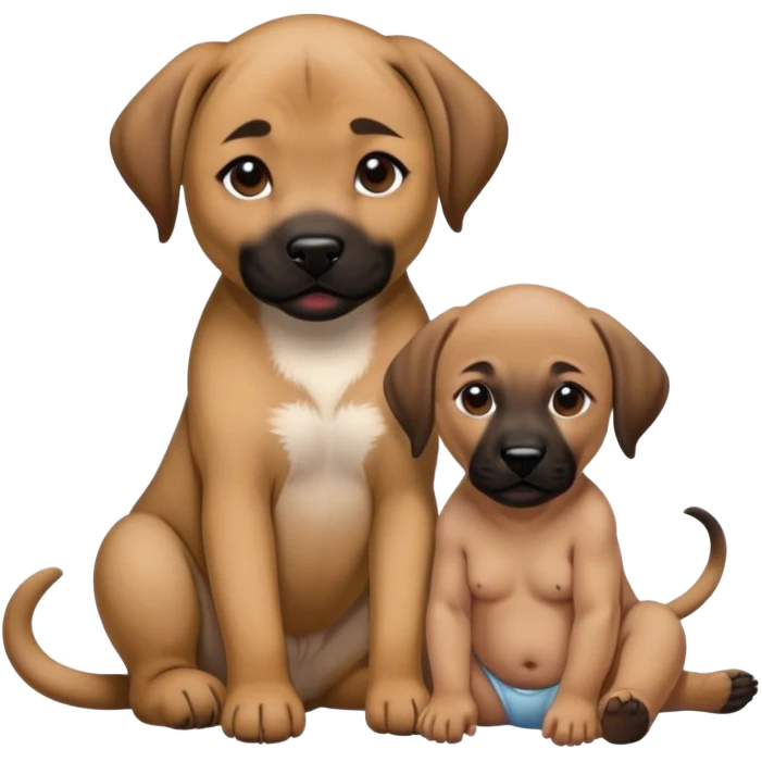 Black mouth cur sitting next to a baby with dark brown hair emoji