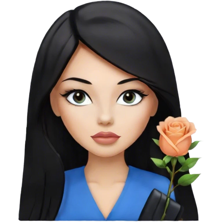 Glamours, tanned, very beautiful girl, with big pump peach-beige-rose lips, eyeliner, long lashes, black straight smooth silky long hair, straight parting hair, blue-grey eyes in black clothes for working profile emoji