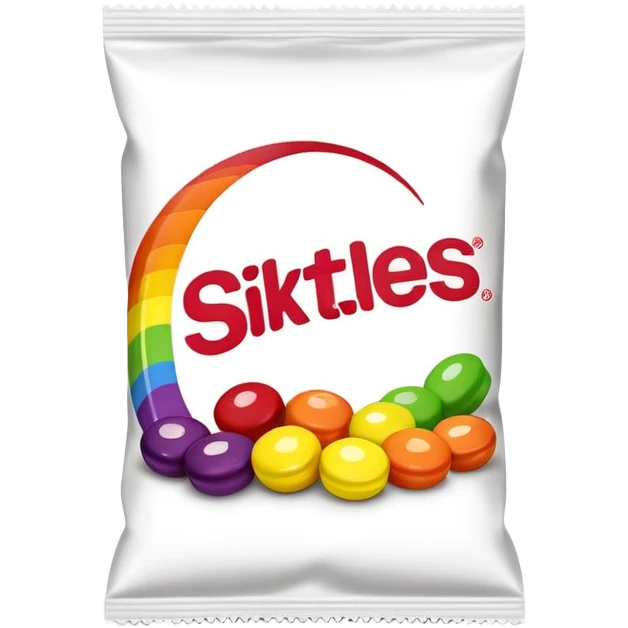 An extremely minimalist Skittles package, simple rainbow stripe design with a few green candies. Very clean and simplified. emoji